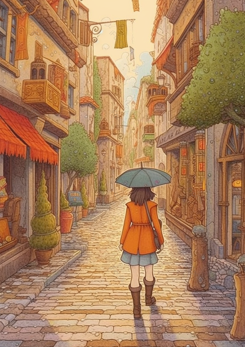 撑着雨伞走在石路上的女孩背影手绘插画图,插画/手绘图,插画/手绘图库,插画/手绘图下载,插画/手绘